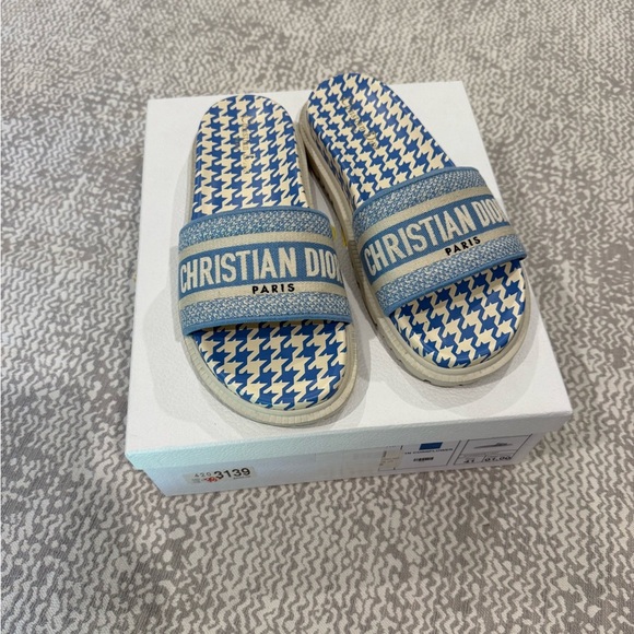 Dior Blue and White Houndstooth Sandals - Picture 1 of 10